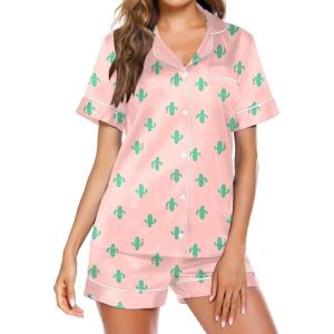 Ekouaer Pajamas for Women Set Silk Satin Pjs Button Down Sleepwear Summer Loungewear Top and Shorts Lounge Set S-XXL(Pink Cactus)