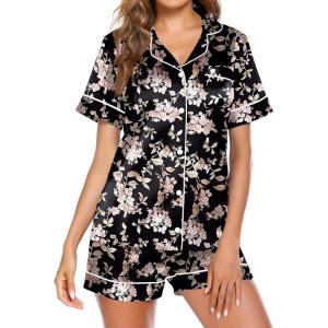Ekouaer Pajamas for Women Set Silk Satin Pjs Button Down Sleepwear Summer Loungewear Top and Shorts Lounge Set S-XXL(Pink Flowers)