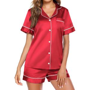 Ekouaer Pajamas for Women Set Silk Satin Pjs Button Down Sleepwear Summer Loungewear Top and Shorts Lounge Set S-XXL(Red)