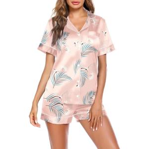 Ekouaer Pajamas for Women Set Silk Satin Pjs Button Down Sleepwear Summer Loungewear Top and Shorts Lounge Set S-XXL(White Crane)
