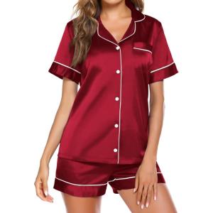 Ekouaer Pajamas for Women Set Silk Satin Pjs Button Down Sleepwear Summer Loungewear Top and Shorts Lounge Set S-XXL(Wine)