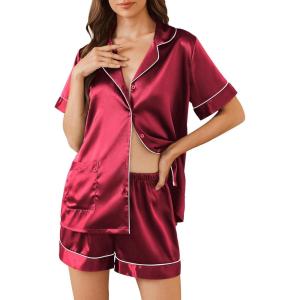 Ekouaer Pajamas for Women Set Silk Satin Pjs Button Down Sleepwear Summer Loungewear Top and Shorts Lounge Set S-XXL(Wine-2)