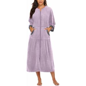 Ekouaer Robe for Women Velour Zipper Robe 3/4 Sleeves Housecoat Full Length Loungewear Long Bathrobe with Pockets(Velour-purple)