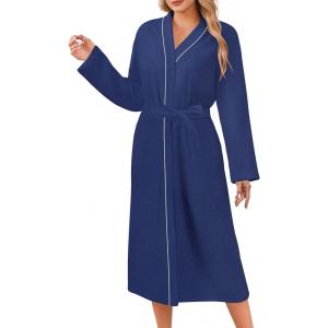 Ekouaer Robes for Women Long Sleeves Bathrobe V Neck Cozy Housecoat Lightweight Fleece Robe with Pockets S-XXL(Navy Blue)