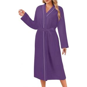 Ekouaer Robes for Women Long Sleeves Bathrobe V Neck Cozy Housecoat Lightweight Fleece Robe with Pockets S-XXL(Purple)