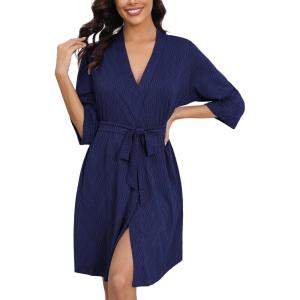 Ekouaer Robes for Women Ribbed Knit Bathrobe Soft Knee Length Kimono Robe 3/4 Sleeve Sleepwear with Pockets S-XXL(Navy Blue)