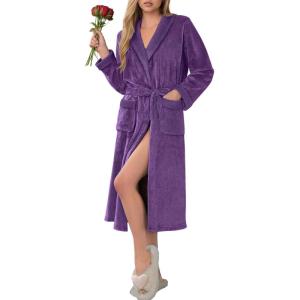 Ekouaer Robes for Women Soft Long Bathrobe Lightweight Fleece Shawl Collar Spa Robe Cozy Sleepwear with Pockets S-XXL(Dark Purple)