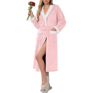 Ekouaer Robes for Women Soft Long Bathrobe Lightweight Fleece Shawl Collar Spa Robe Cozy Sleepwear with Pockets S-XXL(Light Pink)