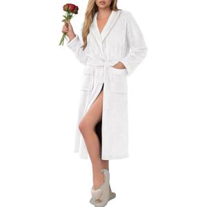 Ekouaer Robes for Women Soft Long Bathrobe Lightweight Fleece Shawl Collar Spa Robe Cozy Sleepwear with Pockets S-XXL(White)