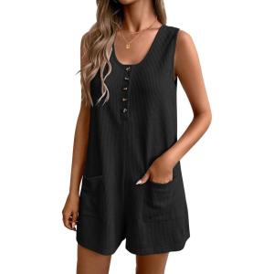 Ekouaer Rompers for Women Summer Shorts Loose Jumpsuit Waffle Casual 2026 Beach Outfits Vacation Clothes(Black)