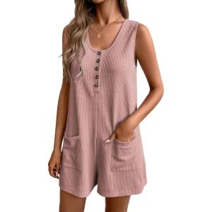 Ekouaer Rompers for Women Summer Shorts Loose Jumpsuit Waffle Casual 2026 Beach Outfits Vacation Clothes(Dirty Pink)