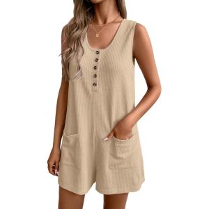 Ekouaer Rompers for Women Summer Shorts Loose Jumpsuit Waffle Casual 2026 Beach Outfits Vacation Clothes(Light Brown)