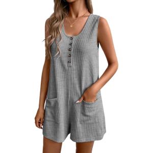 Ekouaer Rompers for Women Summer Shorts Loose Jumpsuit Waffle Casual 2026 Beach Outfits Vacation Clothes(Light Grey)