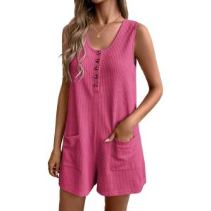 Ekouaer Rompers for Women Summer Shorts Loose Jumpsuit Waffle Casual 2026 Beach Outfits Vacation Clothes(Rose Red)