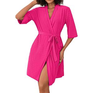 Ekouaer Short Robes for Women Lightweight Bathrobe Kimono Robes Knee Length 3/4 Sleeve Swiss Polka Dot Soft Robe with Pockets(Hot Pink)
