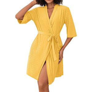 Ekouaer Short Robes for Women Lightweight Bathrobe Kimono Robes Knee Length 3/4 Sleeve Swiss Polka Dot Soft Robe with Pockets(Yellow)