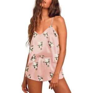 Ekouaer Silk Pajamas for Women Satin Cami Pjs Set V Neck Camisole Shorts Set Adjustable Strap Sleepwear(Pink Flowers)