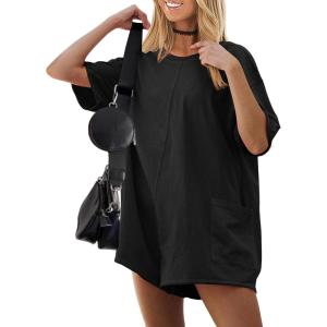 Ekouaer Summer Rompers for Women Short Sleeve Oversized T-shirt Romper Reversible Baggy Jumpsuit Outfits with Pockets(Black)