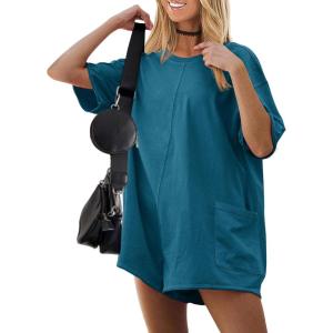 Ekouaer Summer Rompers for Women Short Sleeve Oversized T-shirt Romper Reversible Baggy Jumpsuit Outfits with Pockets(Blue)
