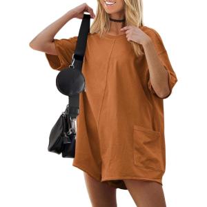 Ekouaer Summer Rompers for Women Short Sleeve Oversized T-shirt Romper Reversible Baggy Jumpsuit Outfits with Pockets(Caramel)
