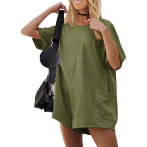 Ekouaer Summer Rompers for Women Short Sleeve Oversized T-shirt Romper Reversible Baggy Jumpsuit Outfits with Pockets(Olive Green)