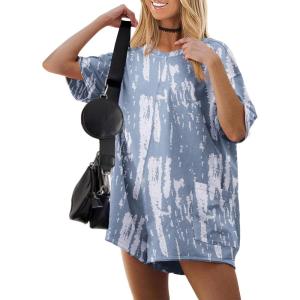 Ekouaer Summer Rompers for Women Short Sleeve Oversized T-shirt Romper Reversible Baggy Jumpsuit Outfits with Pockets(Tie Dye Blue)