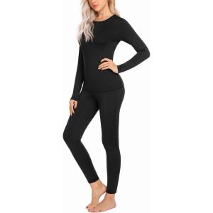 Ekouaer Thermal Underwear for Women Long Johns Sets Base Layer Lightweight 2 Pieces Pajams Set(Black)