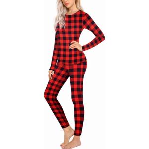 Ekouaer Thermal Underwear for Women Long Johns Sets Base Layer Lightweight 2 Pieces Pajams Set(Plaid Red)