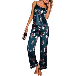 Ekouaer Women Silk Satin Pajamas Sleeveless Pjs Set 2 Piece Summer Loungewear Sleepwear with Pockets S-XXL(Green and White Floral)