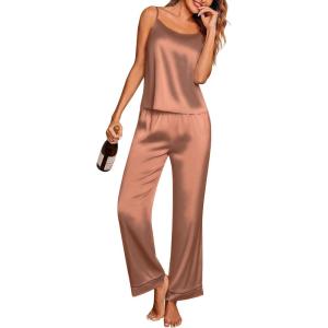 Ekouaer Women Silk Satin Pajamas Sleeveless Pjs Set 2 Piece Summer Loungewear Sleepwear with Pockets S-XXL(Light Khaki)