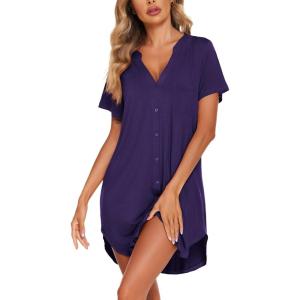 Ekouaer Women V Neck Button Down Nightgown(Blue Purple)