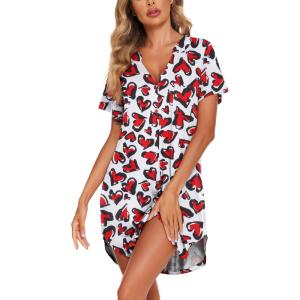 Ekouaer Women V Neck Button Down Nightgown(Pattern8_heart)