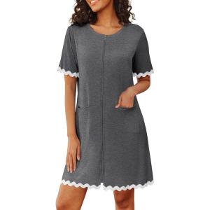 Ekouaer Women Zip Up Robe Lightweight Housecoats with Pockets Knee Length Short Bathrobes Soft Nightgown S-3XL(Dark Gray)