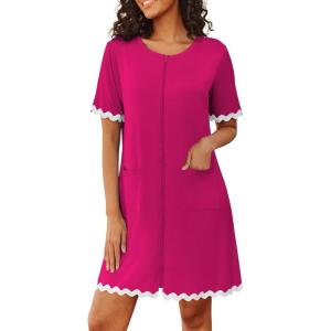 Ekouaer Women Zip Up Robe Lightweight Housecoats with Pockets Knee Length Short Bathrobes Soft Nightgown S-3XL(Hot Pink)