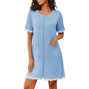 Ekouaer Women Zip Up Robe Lightweight Housecoats with Pockets Knee Length Short Bathrobes Soft Nightgown S-3XL(Light Blue)