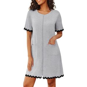Ekouaer Women Zip Up Robe Lightweight Housecoats with Pockets Knee Length Short Bathrobes Soft Nightgown S-3XL(Light Gray)