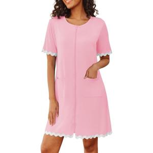 Ekouaer Women Zip Up Robe Lightweight Housecoats with Pockets Knee Length Short Bathrobes Soft Nightgown S-3XL(Pink)