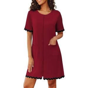 Ekouaer Women Zip Up Robe Lightweight Housecoats with Pockets Knee Length Short Bathrobes Soft Nightgown S-3XL(Red)