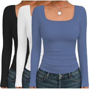 Ekouaer Womens 3 Pack Long Sleeve Shirts Square Neck Basic Tops Fitted Tee Thermal Undershirts XS-XXL(Black/White/Haze Blue)