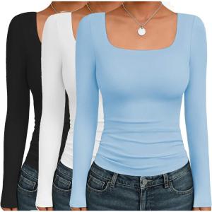 Ekouaer Womens 3 Pack Long Sleeve Shirts Square Neck Basic Tops Fitted Tee Thermal Undershirts XS-XXL(Black/White/Light Blue)