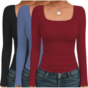 Ekouaer Womens 3 Pack Long Sleeve Shirts Square Neck Basic Tops Fitted Tee Thermal Undershirts XS-XXL(Black/Wine/Haze Blue)