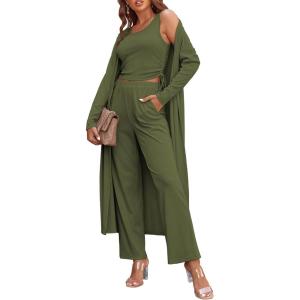 Ekouaer Women’s 3 Piece Lounge Set Pajama Long Sleeve Cardigan Sleeveless Top Pants Sweatsuit S-XXL(Army Green)