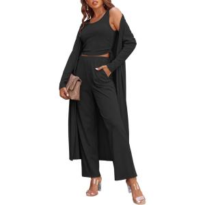 Ekouaer Women’s 3 Piece Lounge Set Pajama Long Sleeve Cardigan Sleeveless Top Pants Sweatsuit S-XXL(Black)