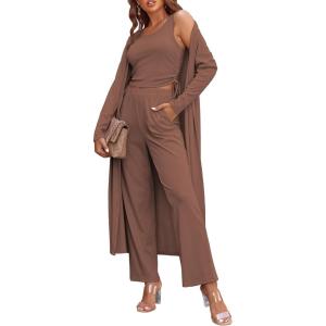 Ekouaer Women’s 3 Piece Lounge Set Pajama Long Sleeve Cardigan Sleeveless Top Pants Sweatsuit S-XXL(Brown)
