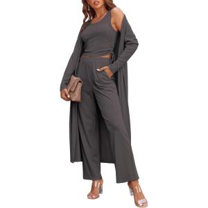 Ekouaer Women’s 3 Piece Lounge Set Pajama Long Sleeve Cardigan Sleeveless Top Pants Sweatsuit S-XXL(Charcoal Grey)