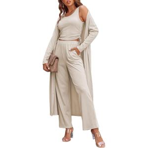 Ekouaer Women’s 3 Piece Lounge Set Pajama Long Sleeve Cardigan Sleeveless Top Pants Sweatsuit S-XXL(Cream)