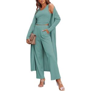 Ekouaer Women’s 3 Piece Lounge Set Pajama Long Sleeve Cardigan Sleeveless Top Pants Sweatsuit S-XXL(Green)