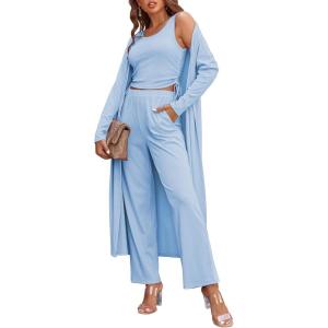 Ekouaer Women’s 3 Piece Lounge Set Pajama Long Sleeve Cardigan Sleeveless Top Pants Sweatsuit S-XXL(Light Blue)