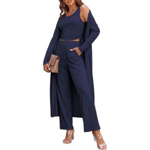 Ekouaer Women’s 3 Piece Lounge Set Pajama Long Sleeve Cardigan Sleeveless Top Pants Sweatsuit S-XXL(Navy)