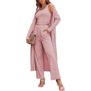 Ekouaer Women’s 3 Piece Lounge Set Pajama Long Sleeve Cardigan Sleeveless Top Pants Sweatsuit S-XXL(Pink)